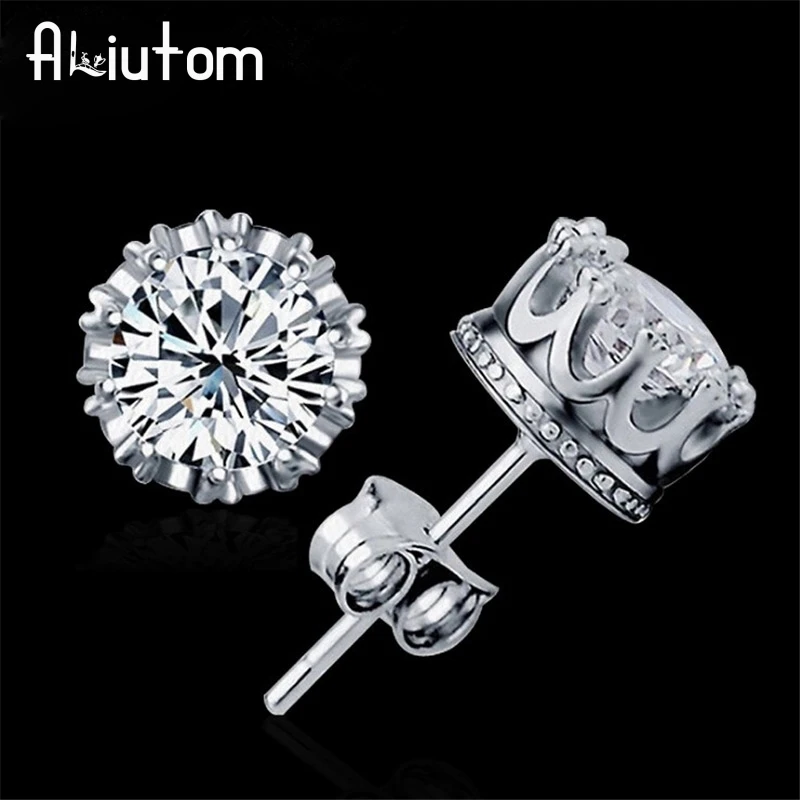 ALIUTOM 925 пробы серебряные модные ювелирные изделия 8 мм круглые 2 карата Кубического Циркония Серебряные серьги-гвоздики для женщин
