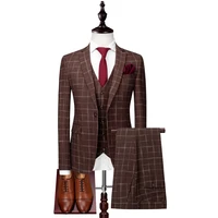 mens suit mens spring and autumn new single buckle plaid suit three piece suit jacket pants vest mens banquet dress