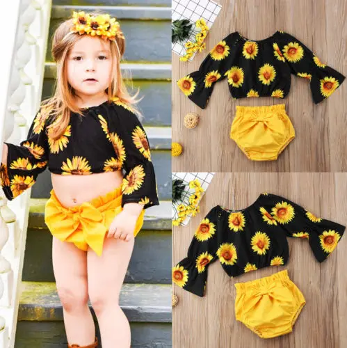 Summer Toddler Kids Baby Girls Clothes Sets Sunflower Tops Long Sleeve Shorts 2PCS Casual Outfits Girl 6M-5T | Детская одежда и