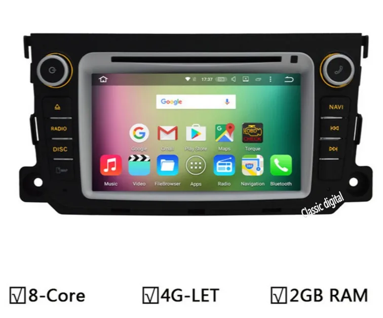Dvd плеер GPS для Mercedes Benz Smart Fortwo 1024x600 Android 6.0/7.1 Octa core 2 ГБ оперативная память 32