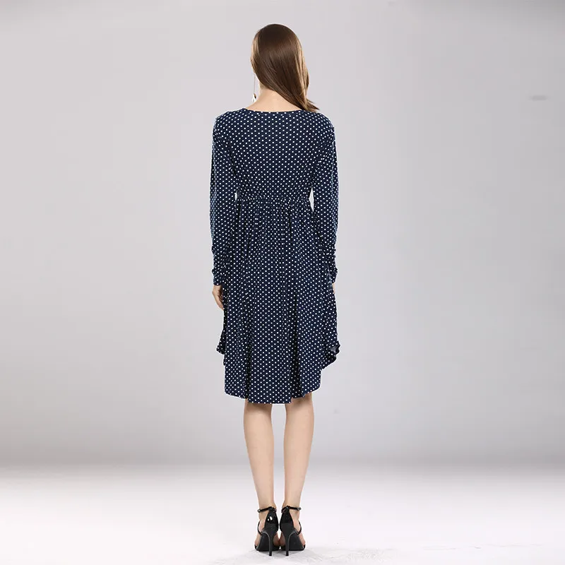 Uvkkc Women Dress Autumn Boho Fashion Femme O-Neck Dot Ruffles Pocket Long Sleeve Vintage Cotton Casual Midi Dresses For | Женская