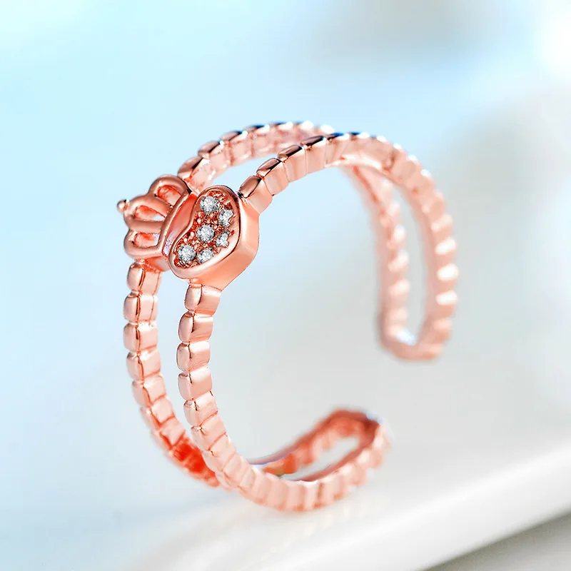 Женское Двухслойное кольцо в форме сердца серебряное розовое золото с