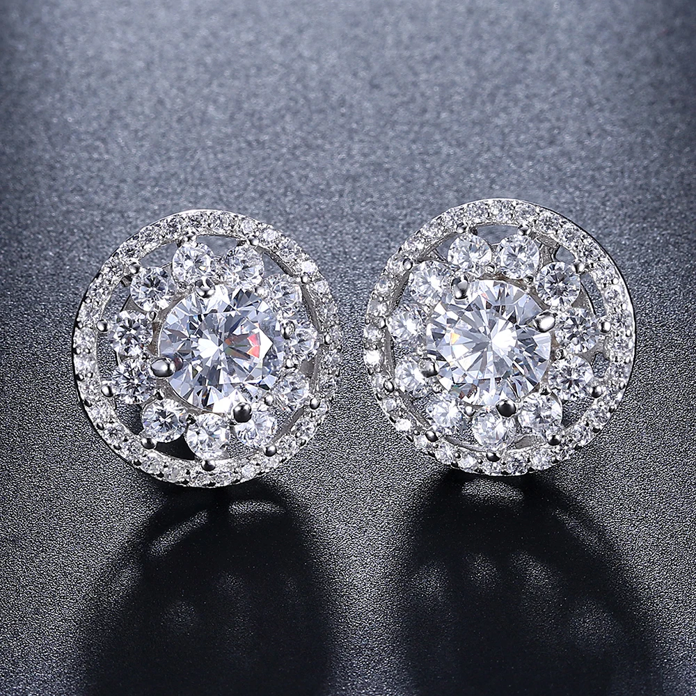 21mm diameter Real 925 round earrings Office lady crystal jewelry quickly ship high quality Elegant sterling silver stud earring | Украшения