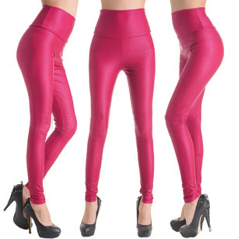 

Women Black Blue Red Rose Leopard PU Leather Slim Leggings High Waist Stretch Pants Legging for Women