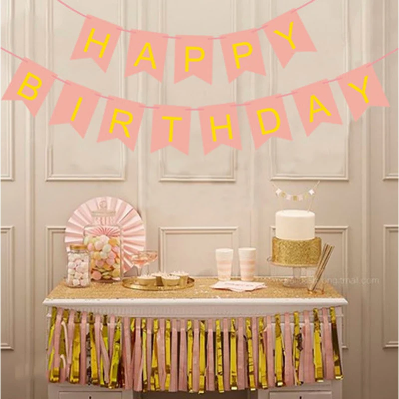 

1pcs Baby Party Toys Hat Pastel Pink Happy Birthday Banner Hanging Toy Gold Letter Photo Prop Bunting Garland Toys For Children
