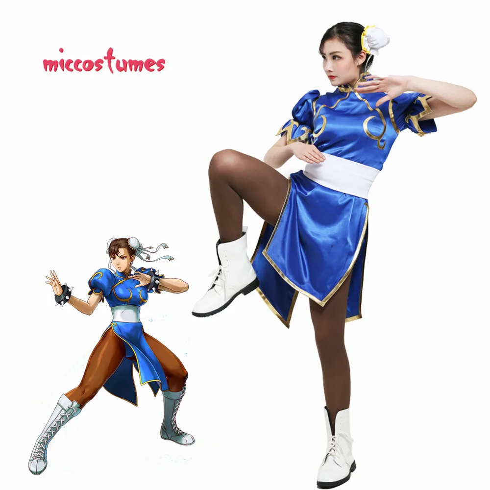 Chun Li Косплей Костюм для взрослых синий Cheongsam вечерние платья на Хэллоуин женский