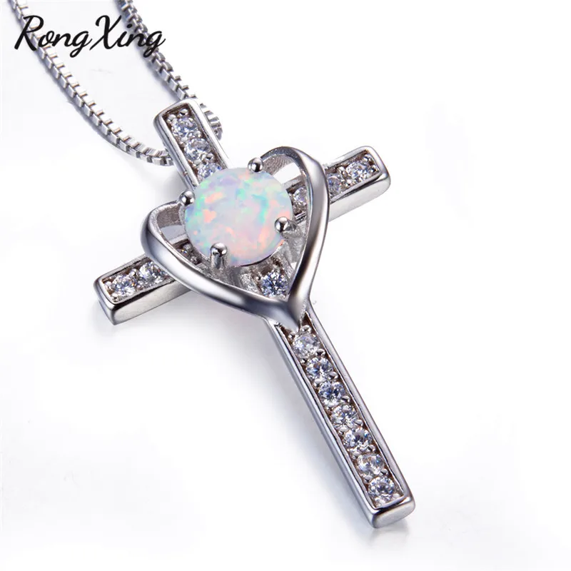 RongXing Silver Color White Fire Round Opal Cross Pendants Necklaces for Women Fashion Heart Gift NL0120 | Украшения и аксессуары