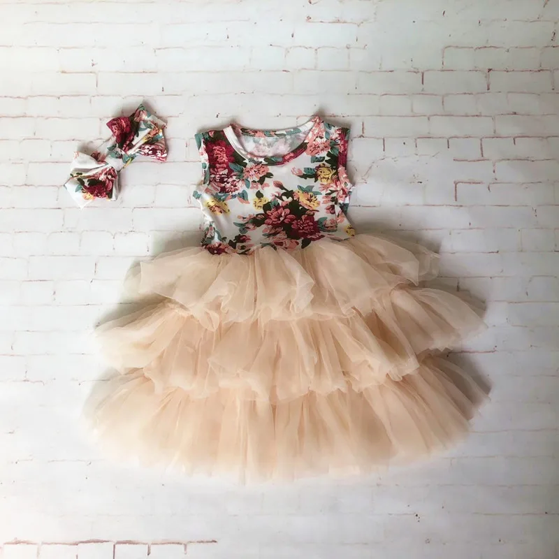 2018 Floral Girls Dress Summer Sleeveless Fashion Baby Clothes Chiffon Ruffle Cute Kids with Headband | Детская одежда и обувь