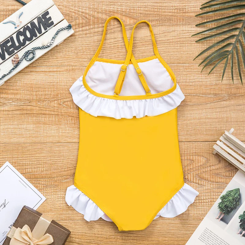 Купальник для девочек 2019 однотонный слитный купальник с оборками детский