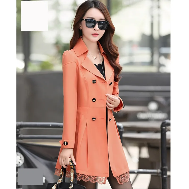 Orange pink UHYTGF модная Корейская Весенняя Осенняя верхняя одежда женская двубортная кружевная элегантная женская куртка тонкая Длинная ветровка пальто 139 - Цвет: Orange pink