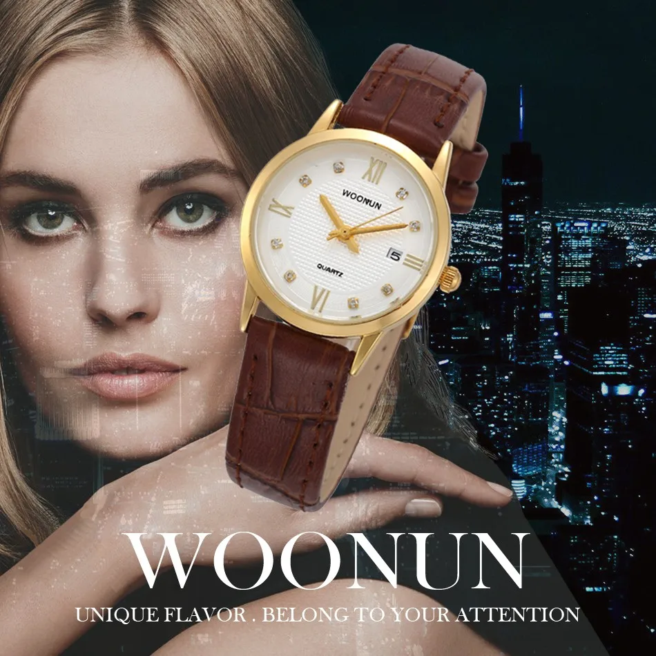 WOONUN, Топ бренд, роскошные золотые часы для влюбленных, кожаный ремешок, стразы, кварцевые часы для пар, набор, модные часы для влюбленных