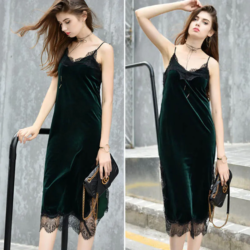 SESOAF сексуальные черные бархатные платья на бретельках кружевные гладкие Длинные