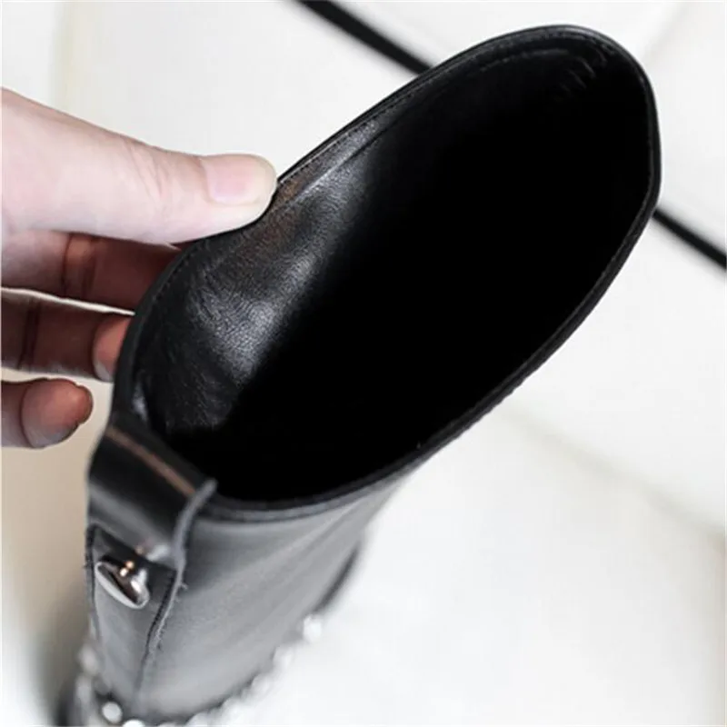 Newest Real Leather Black Motorcycle Boots Woman Round Toe Silver Chain Knee High Boots Women Fashion Shoes zapatos mujer 35-41