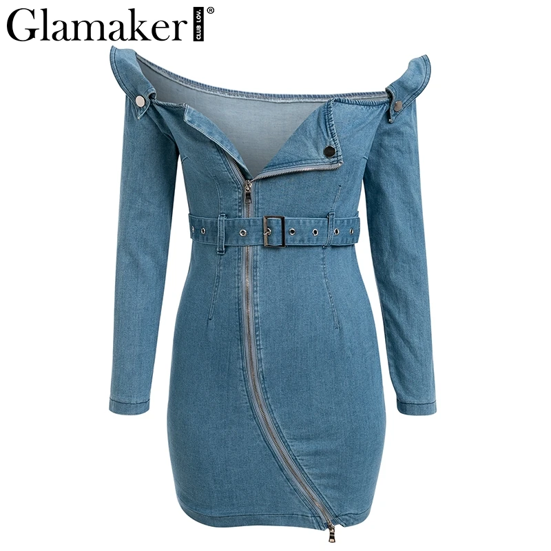 Женское джинсовое платье Glamaker Элегантное летнее с открытыми плечами длинным