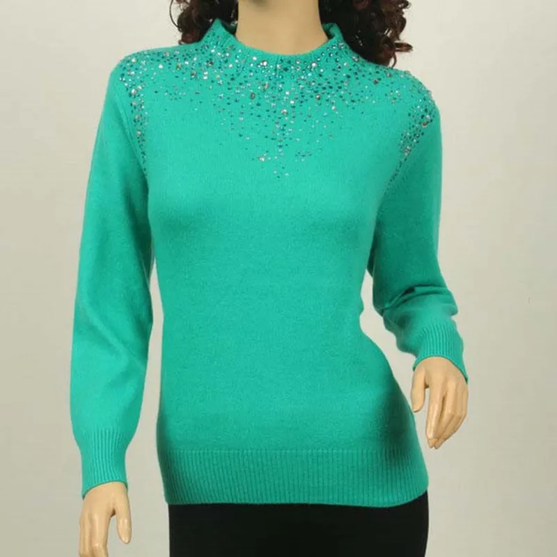 specials large size 100%goat cashmere women's basics sweater pullover half-high collar diamond sequins S-5XL | Женская одежда