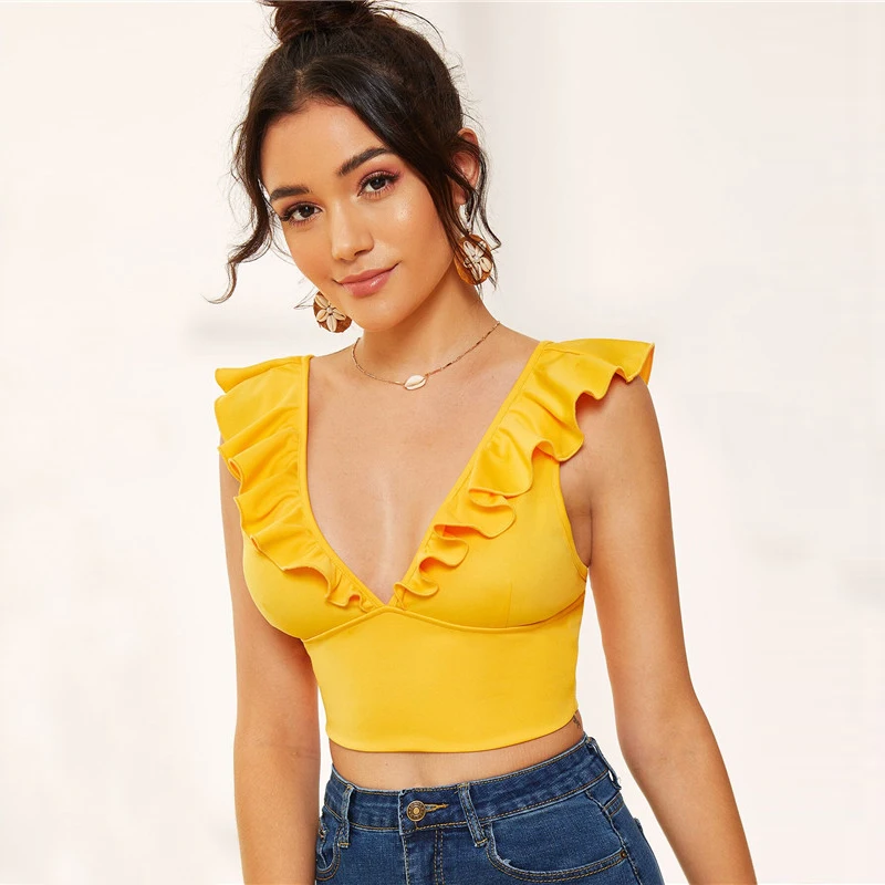 SHEIN желтый сексуальный топ с глубоким вырезом и оборкой, женская одежда, летний топ без рукавов для девушек, Приталенный жилет, майка