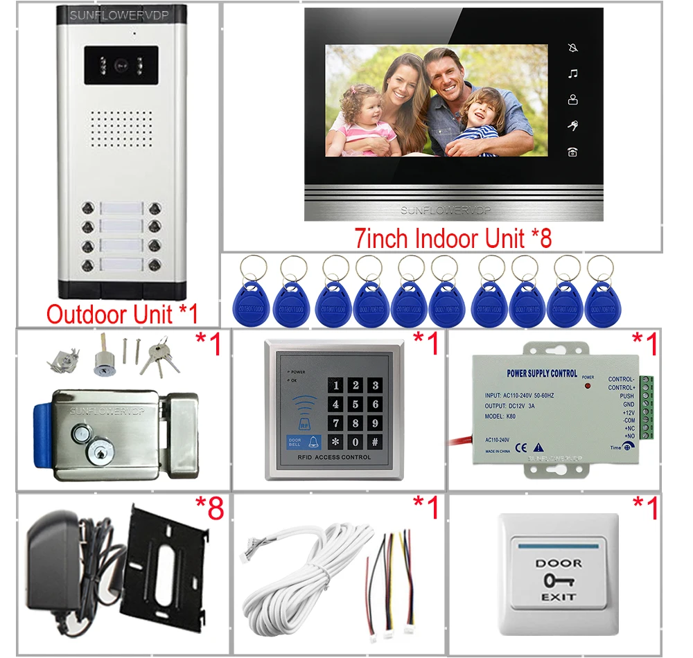 Access Control System Intercom on 8 Keys 7inch Color Video Intercom Entry Systems Doorbells for Home + Electronic Door Lock Kit