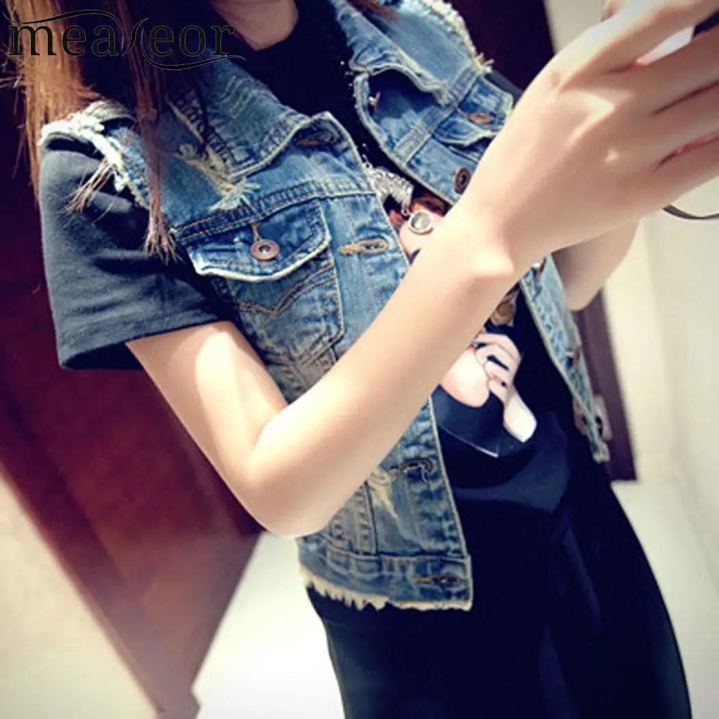 Turn Casual Women Down Collar Sleeveless Frayed Denim Vest Jacket | Женская одежда