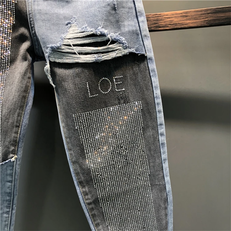 

spring autumn fashion AB face hit color stitching jeans women diamond ankle length high waist Harem pants