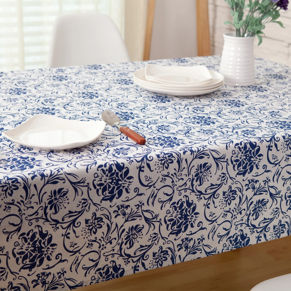 Chinese Style Tablecloth 100% Cotton And Linen Square Rectangular For Dining Living Room Blue White Floral Printed | Дом и сад