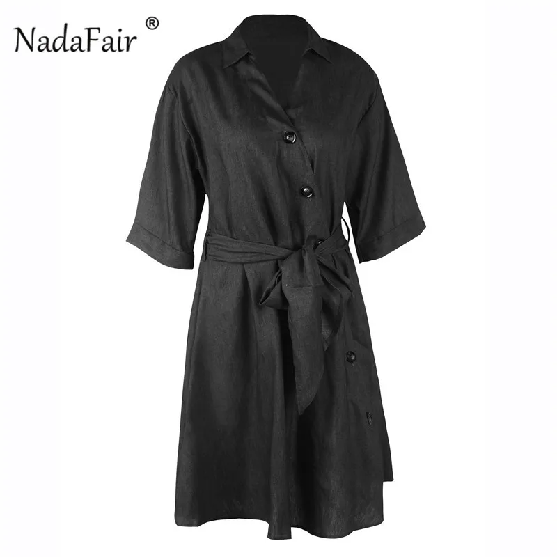 Nadafair джинсовые элегантные платья для женщин половина рукав v образным вырезом сплит сексуальное летнее платье пояс пуговицы с бантами женское Повседневное платье средней длины