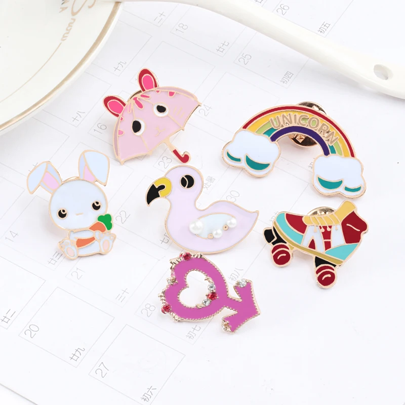 Розовая брошь кавайная Радужная эмалированная булавка для зонта кролика утки