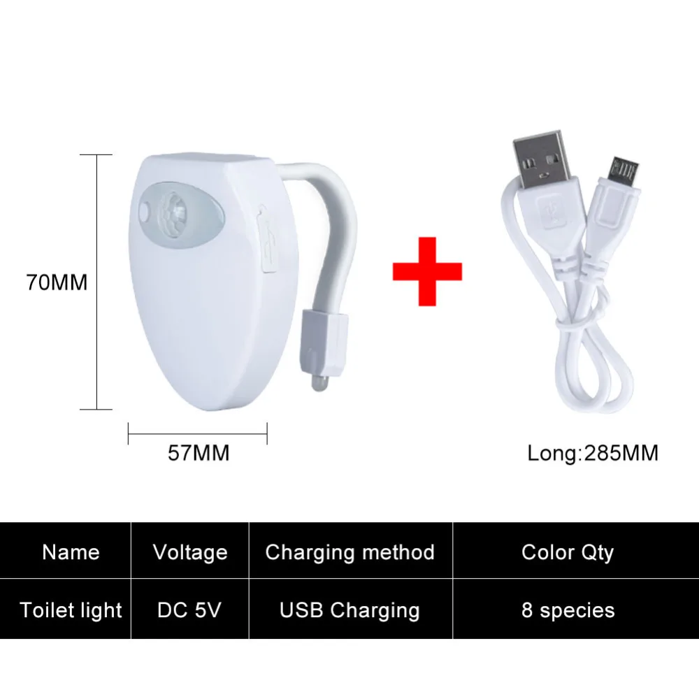 Датчик движения Туалет светодиодный ночник USB Перезаряжаемый 8 цветов унитаз