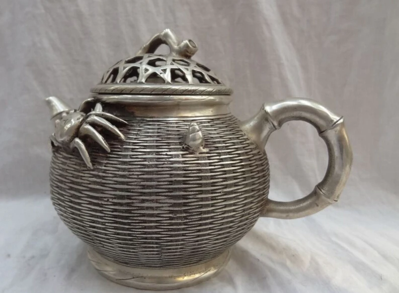JP S0608 10" Chinese Silver Crab Statue Auspicious Symbol Bronze Bamboo Teapot Wine Pot Discount 35% | Дом и сад