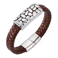 hot trendy mens bracelets jewelry punk brown braided leather rock bangles male stainless steel magnet clasp wristband sp0169