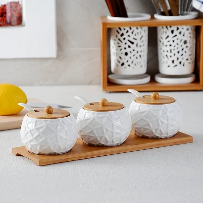 3 pcs in 1 set Птичье гнездо дизайн сахарница домашняя кухня Ceramica для соли и специй горшок банки для специй с ложками - Цвет: 3 pcs in 1 set