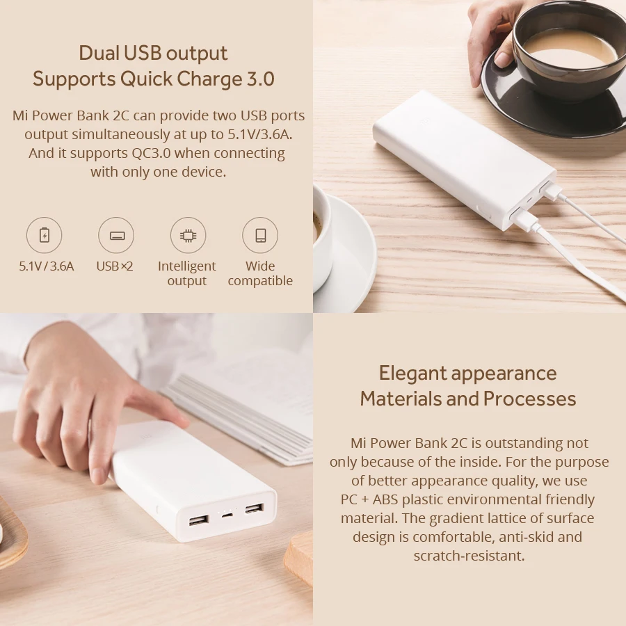 Xiao mi power Bank 20000 мАч 2C портативное зарядное устройство Поддержка QC3.0 Dual USB внешний
