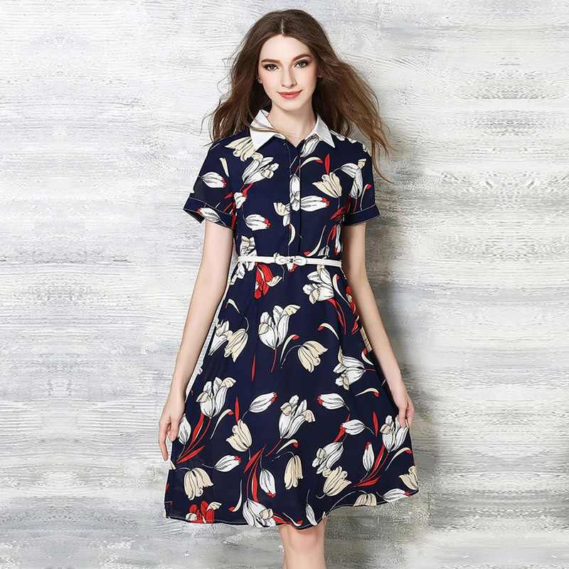 Summer Fashion Bohemian Dresses Women Turn-down Collar Chiffon Floral Print Dress With Belt Temperament Lady A-Line vestidos | Женская