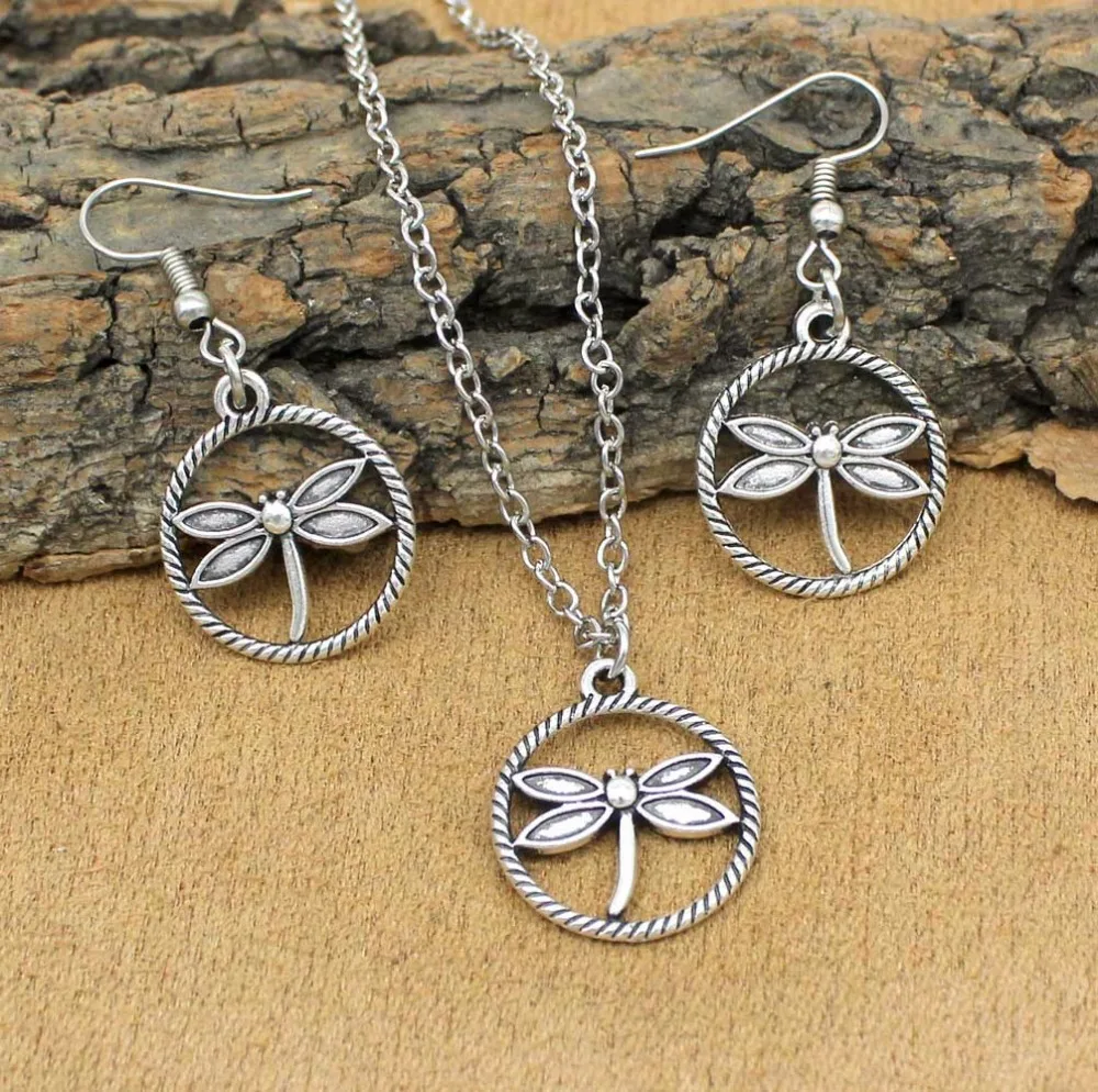 Комплект женских украшений из колье и серёг в виде стрекозы|earring necklace set|necklace