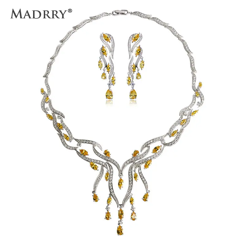 

Madrry Copper Metal Yellow Zircon Classic Jewelry Sets Earrings&Necklace Women Engagement Wedding Party Accessories Bijoux
