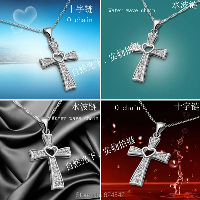 Твердые 925 Серебро CZ кулон крест с сердцем ожерелье для женщин|heart cross pendant|necklace silver