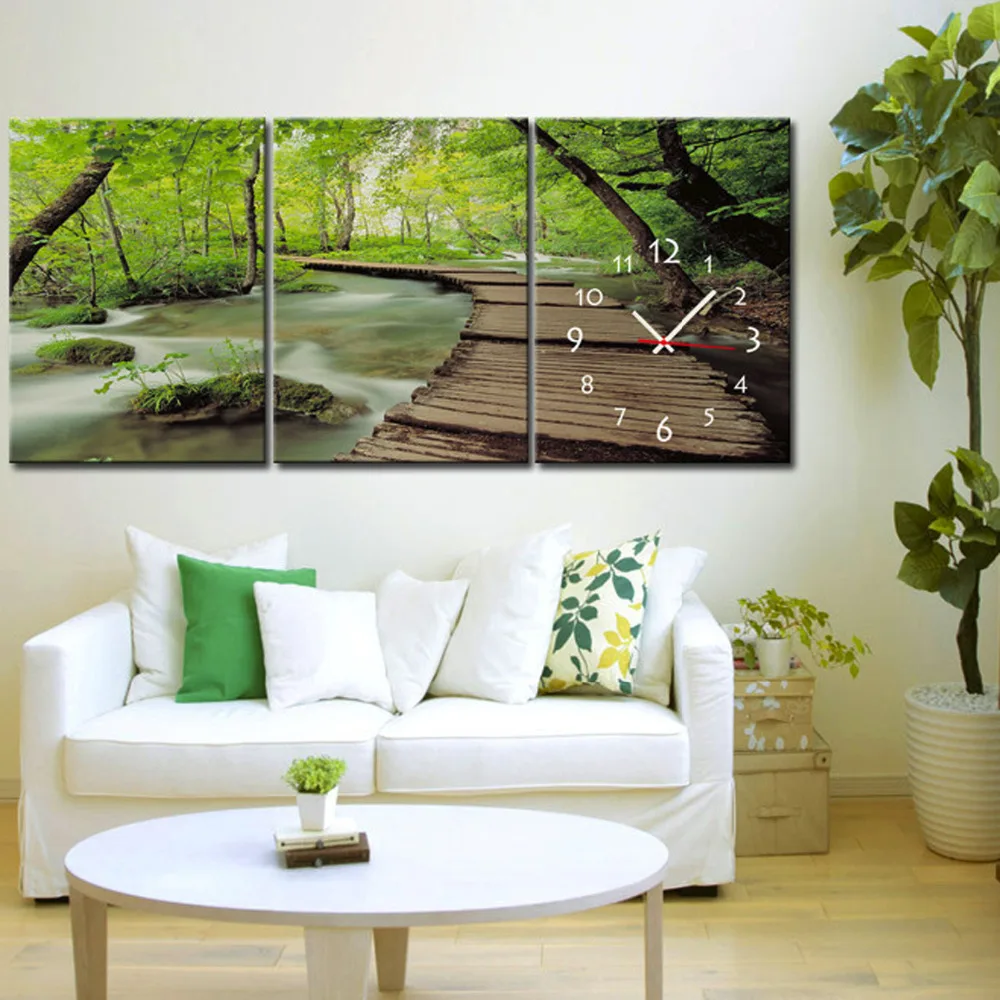 

Free Shipping E-HOME The Forest Path Clock in Canvas 3pcs wall clock
