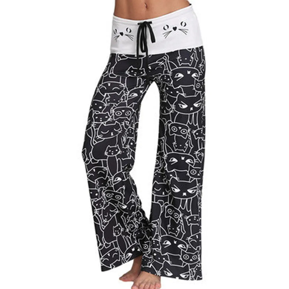 Женские свободные брюки с широкими штанинами черные белые принтом кота высокой
