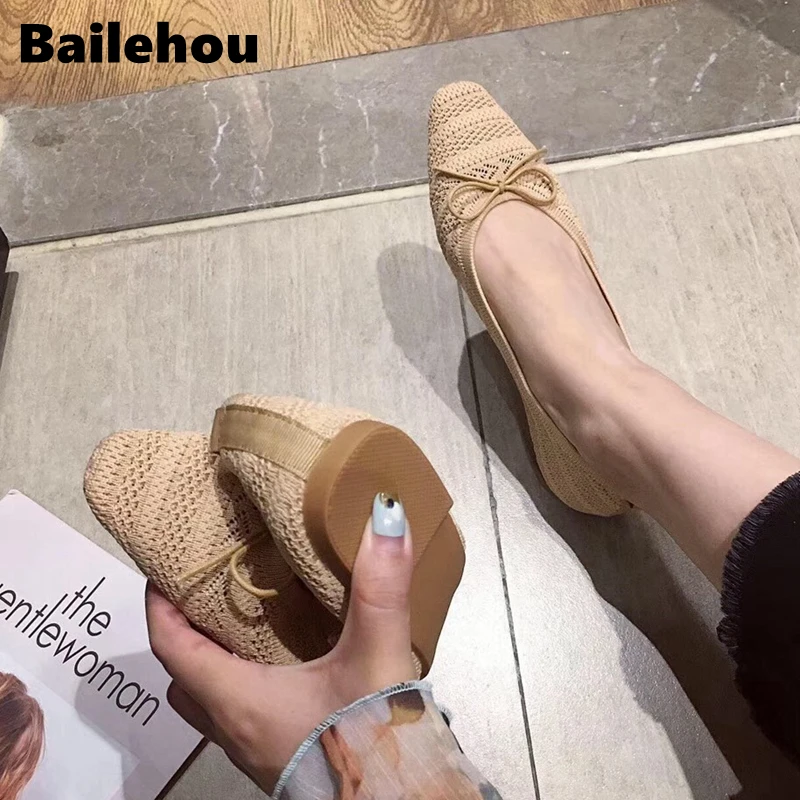 Балетки Bailehou женские дышащие вязаные туфли на плоской подошве с круглым носком