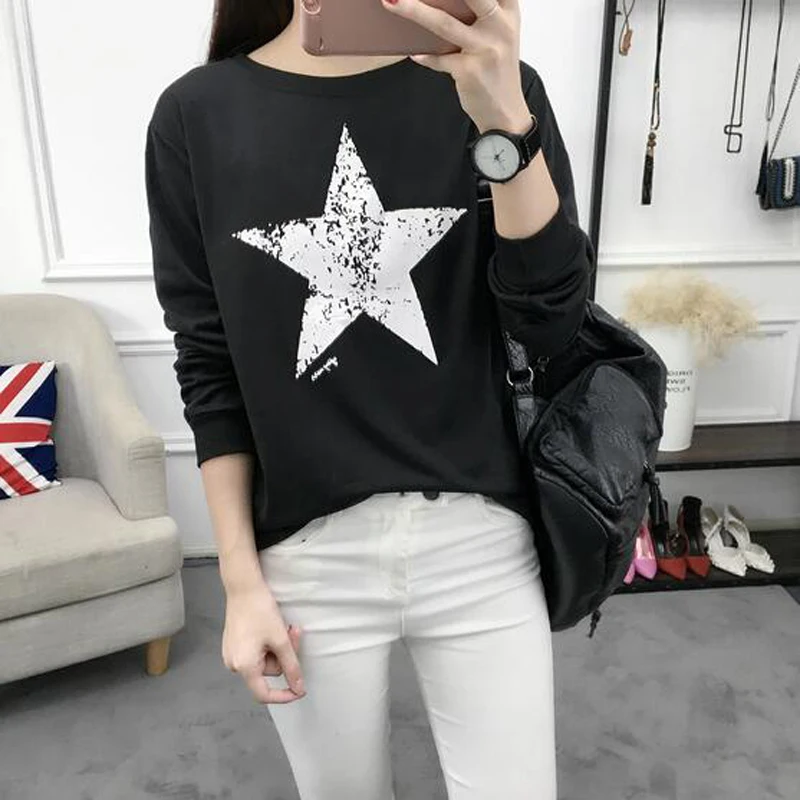 

Thin Style Women Hoodies Fashion Star Print Long Sleeve O Neck Woman Tracksuit Casual Loose Women Sweatshirt Pullover Outwear
