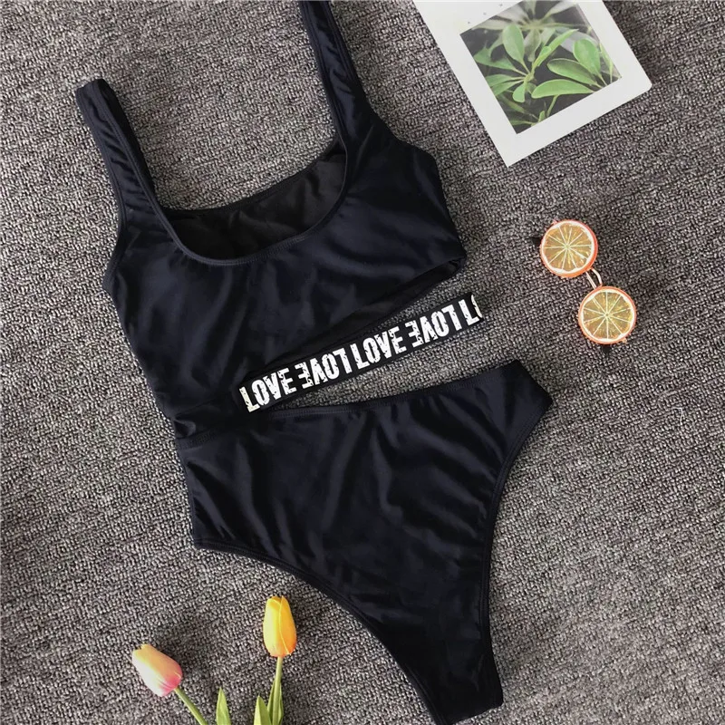 Peachtan Hollow out bikinis 2019 Mujer letter swimsuit female bandage swimwear women High cut bodysuit one-piece push up bathers | Спорт и