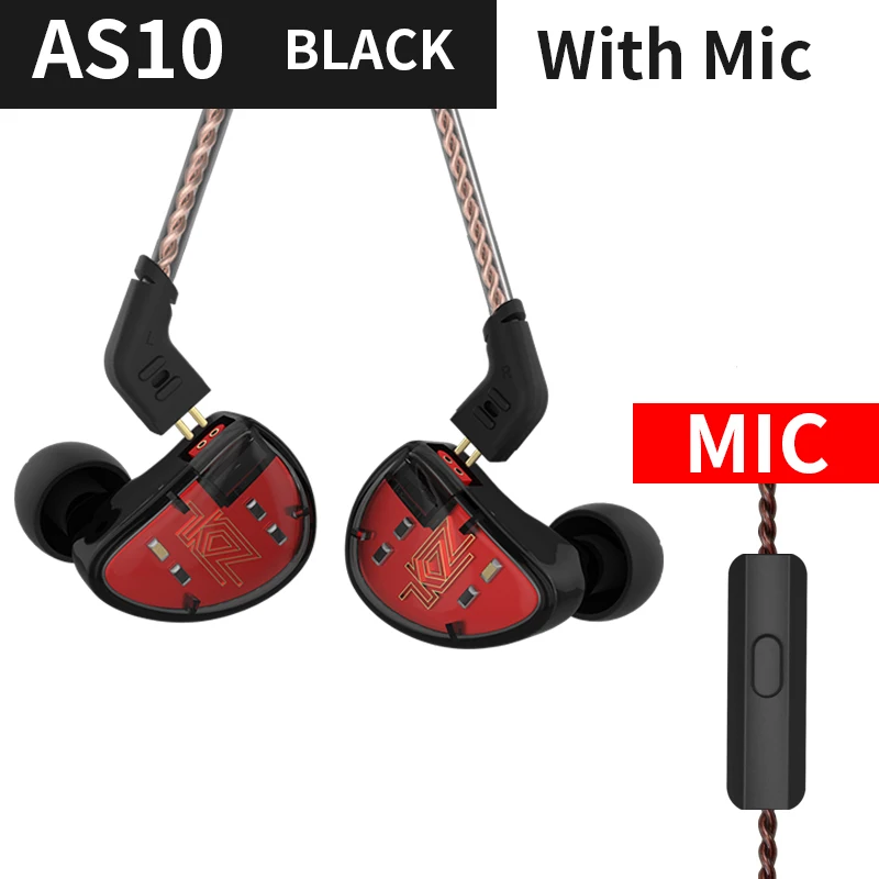 KZ AS10 5BA сбалансированные арматурные наушники для водителя Hi-Fi стерео ушные крючки в ухо монитор - Цвет: black with mic