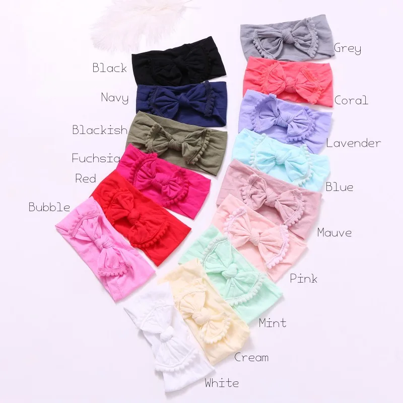 150pcs/lot Soft Nylon Bow Headband with Pompom Trim Top Knot Head Wraps Big Hair Band For Babys | Детская одежда и обувь