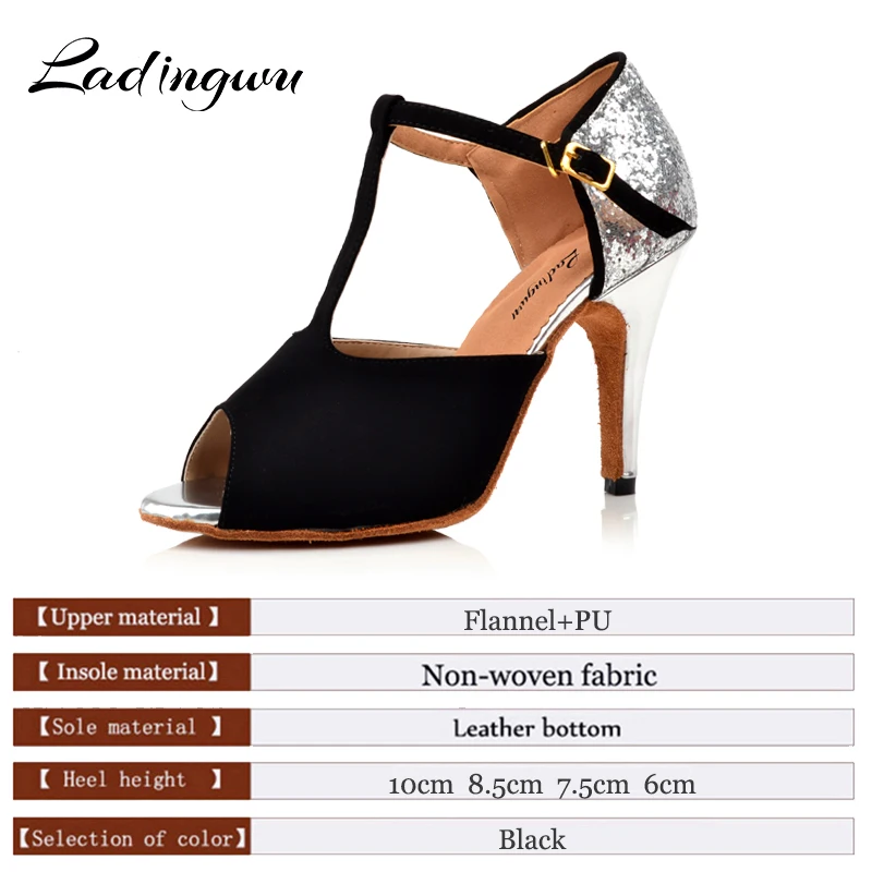 Ladingwu Dance Shoes Latin Women Black Flannel and Silver Glitter Ballroom Salsa Woman sandals for dance Heels 10cm | Спорт и