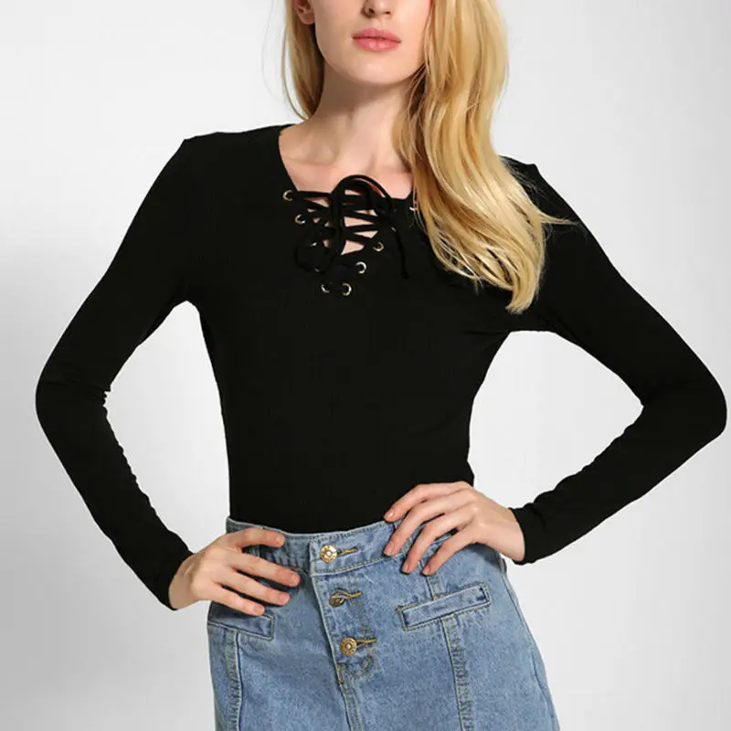 Lace up knitted sweater sexy v-neck long sleeve pullovers ladies casual hollow out sweaters WN181 | Женская одежда