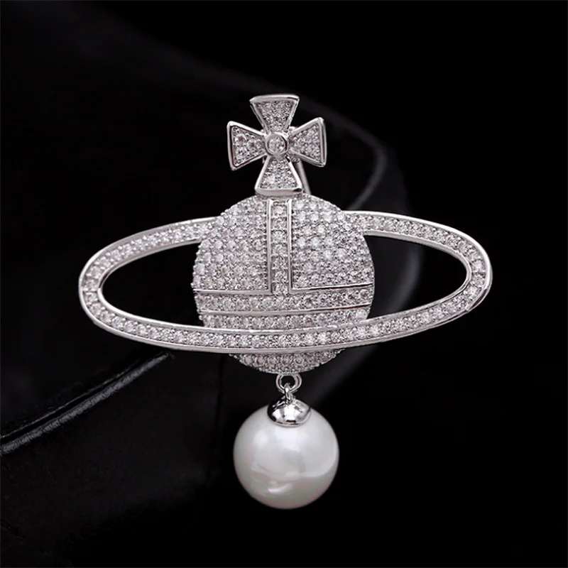 Женская медная микро брошь в виде планеты с жемчугом|Броши| |