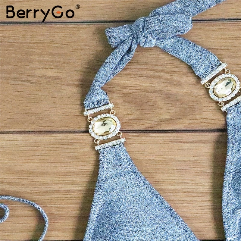 BerryGo, бикини, сексуальный, из двух частей, женский купальник, сексуальный, блестящий, треугольник, Холтер, купальник, Одноцветный, летний, пляжный, бикини, набор, купальники