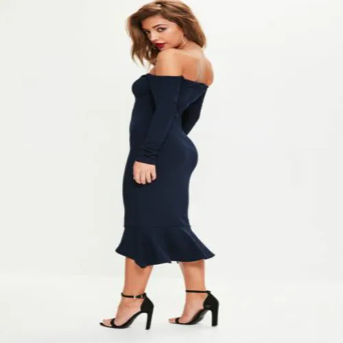 

Women Formal Off Shoulder Slash Neck Solid Long Sleeve Asymmetrical Hem Trumpet Dress
