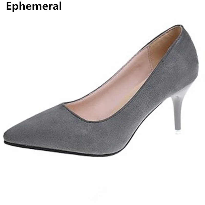 Женская обувь Zapatos Mujer Туфли на шпильке с острым носком из флока Цвет серый черный