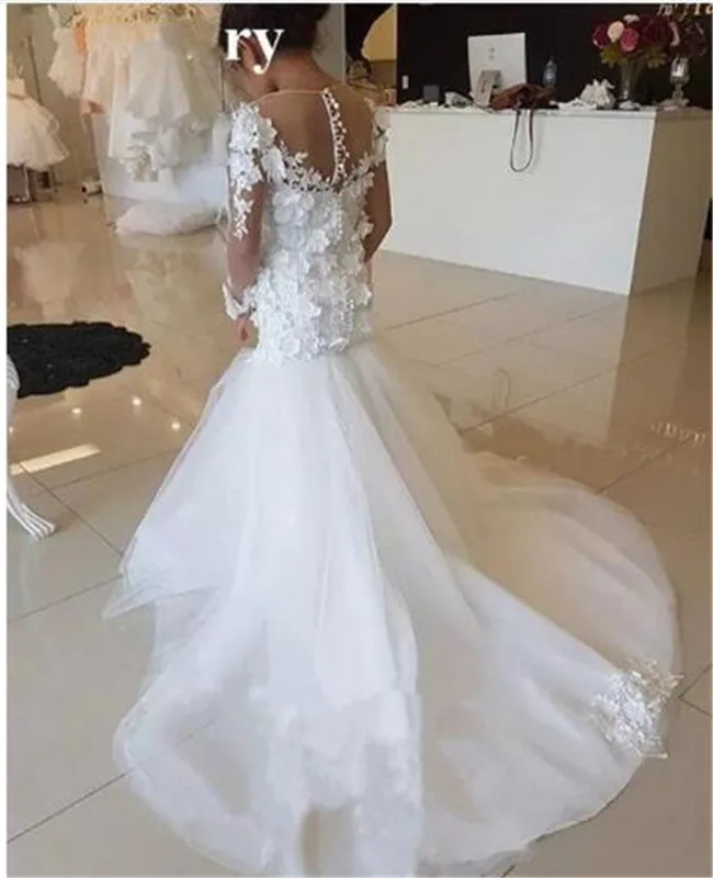 

Unique White Lace Princess Dress Applique Long Sleeves Custom Made Flower Girl Dress for Wedding Kid Size 1-14Y