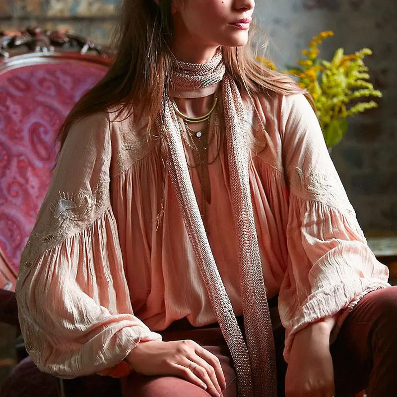 BOHO вдохновляющая блузка женская хлопковая расшитая блестками Цветочная вышивка